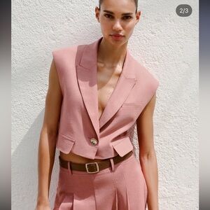 ZARA Cropped linen Sleeveless Blazer Vest in Coral Pink